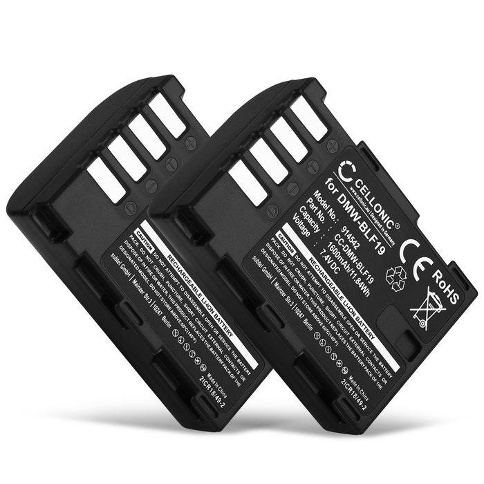 2x Battery for Panasonic Lumix DC-GH5, Lumix DMC-GH4, Lumix DMC-GH3, Lumix DMC-GH4R, DMW-BLF19 DMW-BLF19 DMW-BLF19E DMW-BLF19PP (1600mAh, 7.4V) from CELLONIC