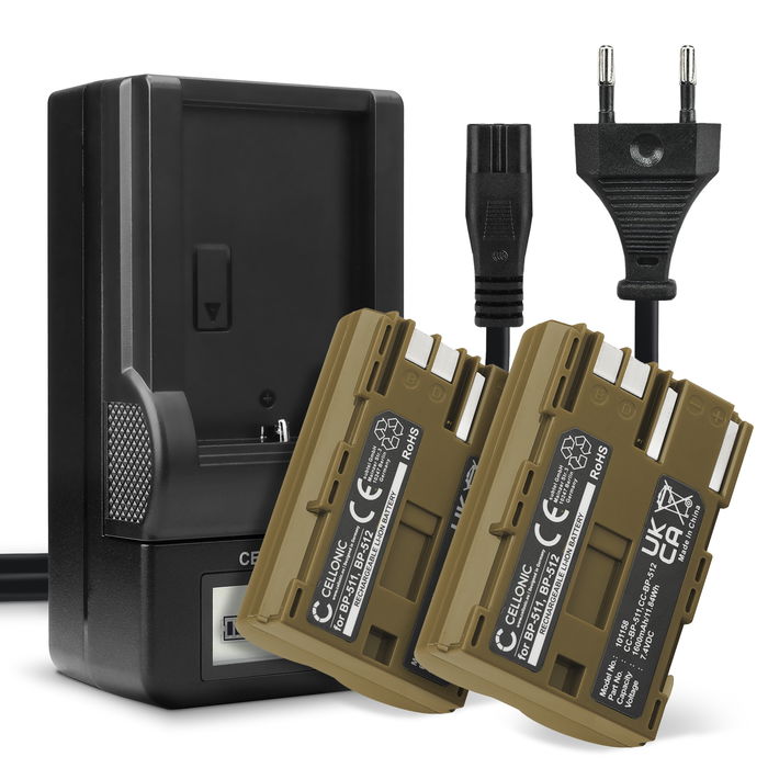 2x Ersatz Akku BP-511-512 514 BP508 + Ladegerät CB-5L für Canon EOS 5D EOS 50D EOS 40D EOS 30D 300D EOS 20D EOS 10D PowerShot G3 G5 G1 Kamera - 1600mAh Ersatzakku Batterie, Ladekabel, Akkuladegerät