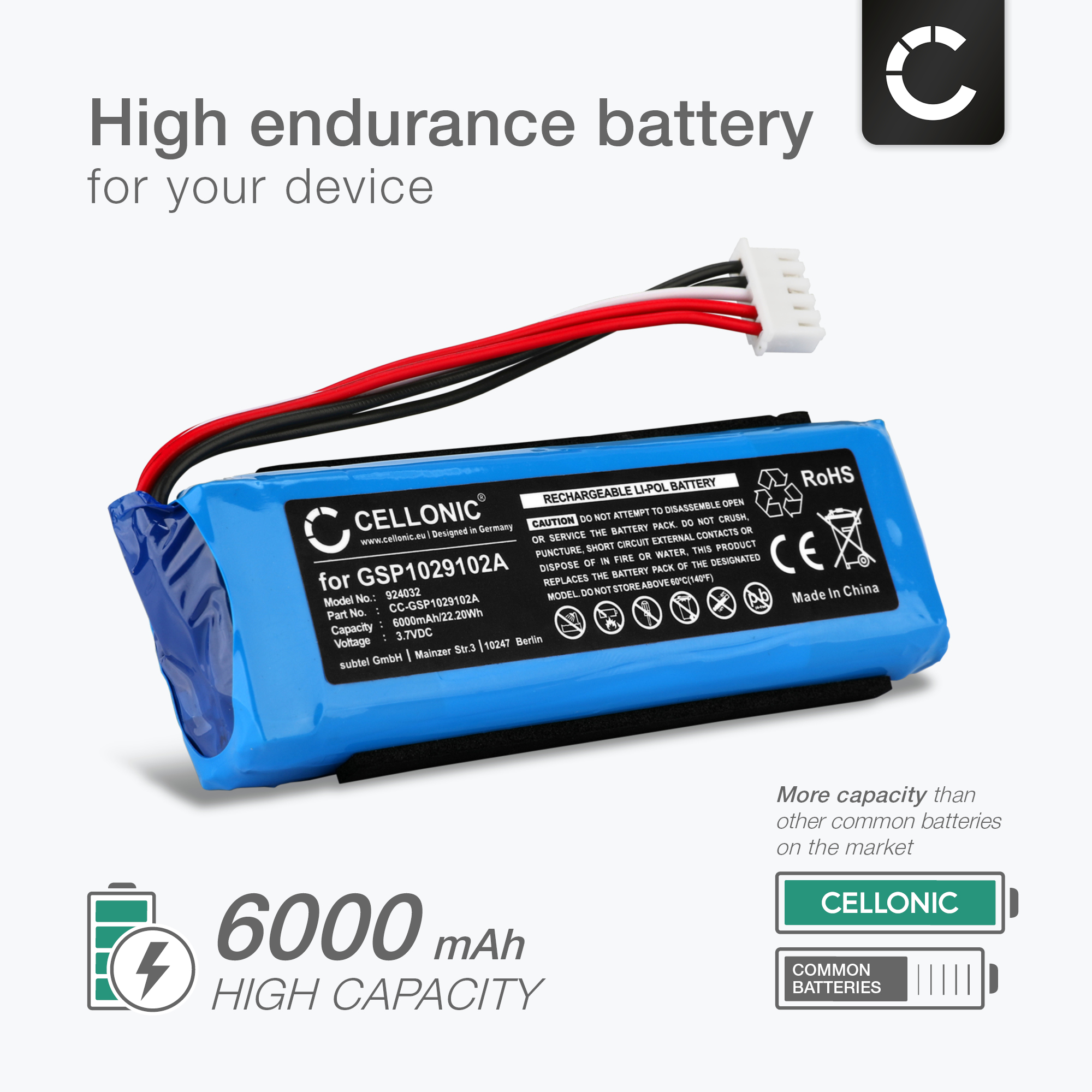 Batteria HX Per JBL Charge 2+ / 2 Plus - 6000mAh 3.7V Li-Po Gsp1029102
