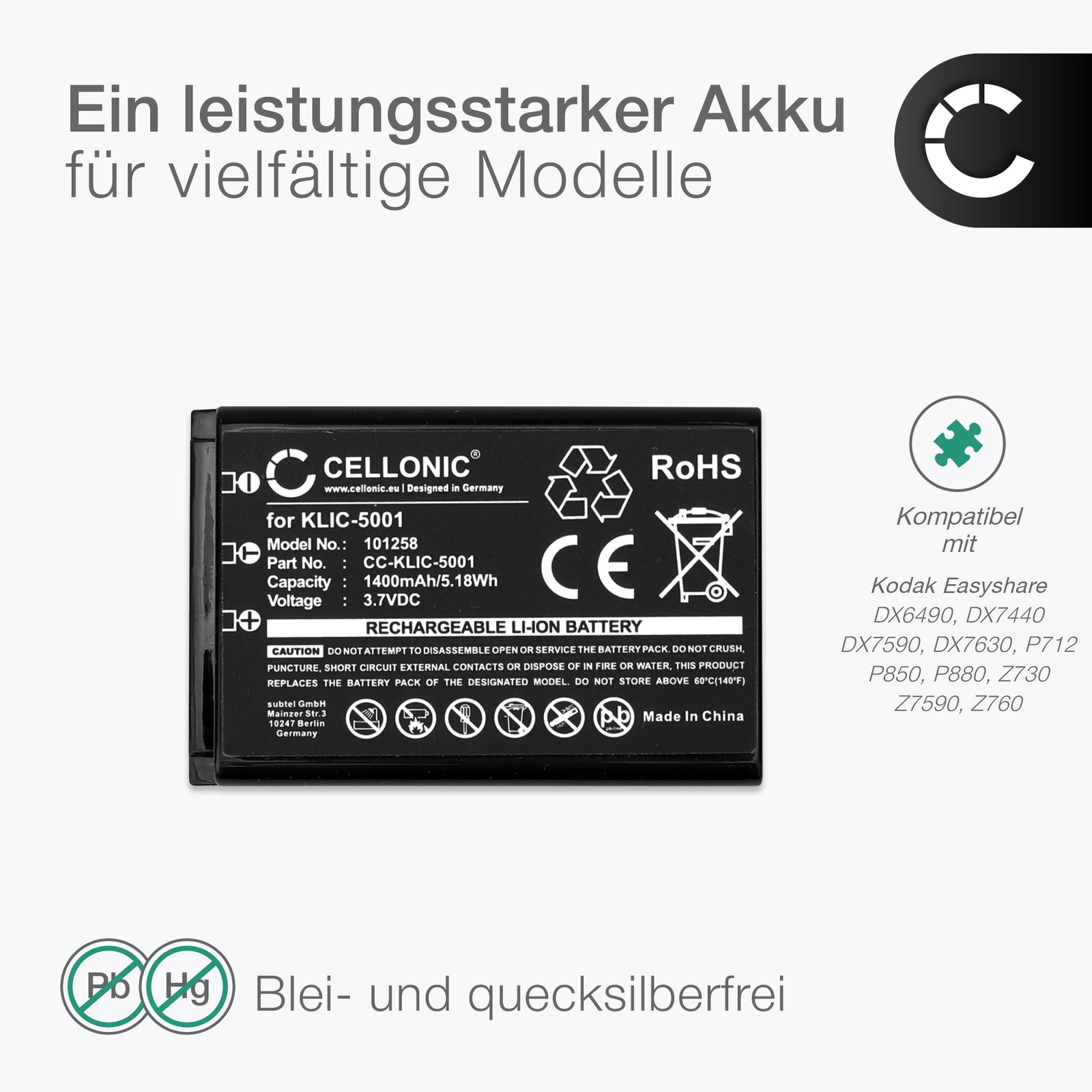 Batteria T6 Power per Kodak EasyShare DX7590, Li-Ion, 3,7 V, 1000 mAh (3,7 Wh), nero