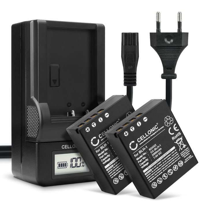 2x Ersatz Akku BLH-1 + Ladegerät BCH-1 für Olympus OM-D E-M1 Mark II, OM-D E-M1X Kamera - 2000mAh Ersatzakku Batterie, Ladekabel, Akkuladegerät