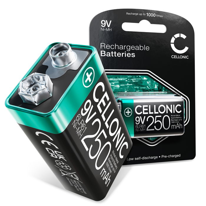 CELLONIC 9V Akku Batterien - 250mAh - vorgeladen, lange Lebensdauer - 1x Akku 9V / E Block / 6F22 / 6LR61 / AM-61 für Rauchmelder, kabellose Mikrofone, Spielzeug oder Festnetztelefone