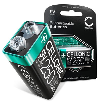 CELLONIC Rechargeable 9V 6F22 Battery NiMH Spare Replacement Square Battery Power Pack 250mAh E Block 6LR61 AM-61 for Smoke Alarm,&nbsp;Wireless Microphones, Toys or Landline Phones - Up to 1000 Charging Cycles