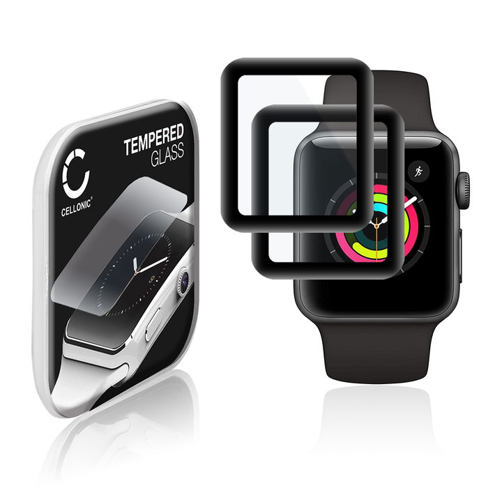 2x CELLONIC Screen Protector for Apple Watch 1, Watch 2, Watch 3 - 38mm Fitness Tracker Smart Watch Face Protector - 3D Full Cover 0,30mm Full Glue 9H Tempered Glass Display Cover Black
