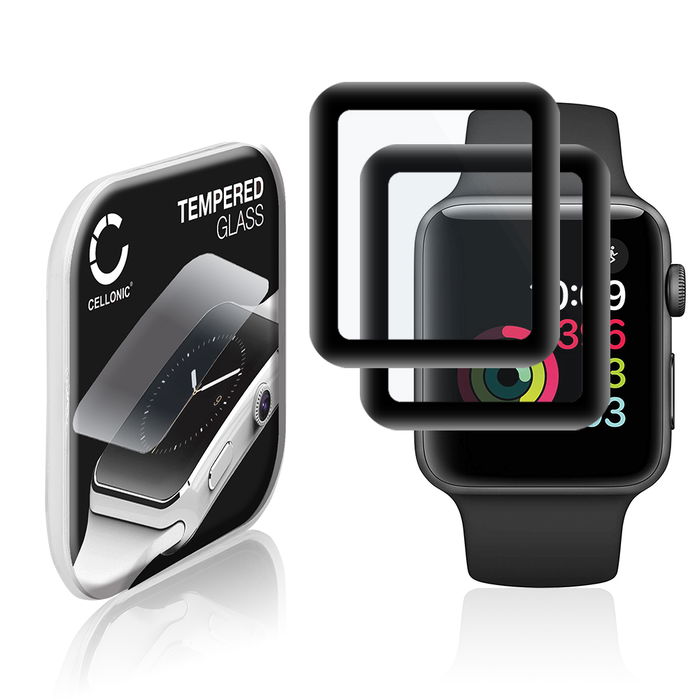 2x CELLONIC Screen Protector for Apple Watch 1 / 2 / 3 - 42mm Fitness Tracker Smart Watch Face Protector - 3D Full Cover 0,30mm Full Glue 9H Tempered Glass Display Cover Black