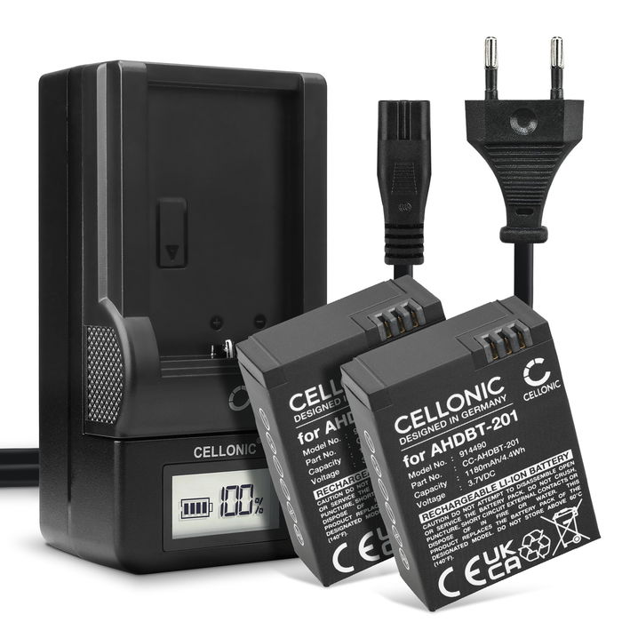2x Ersatz Akku AHDBT-201 AHDBT-301 AHDBT-302 + Ladegerät für GoPro Hero 3 Hero 3 White Hero 3 Black Hero 3 Silver Hero 3 + Hero 3+ Hero 3 Plus Kamera - 1180mAh Ersatzakku Batterie, Ladekabel, Akkuladegerät