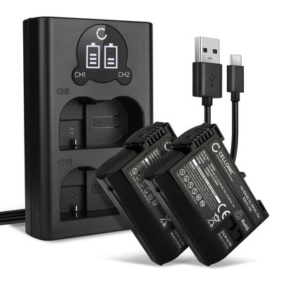 2x Akku EN-EL15 + Dual Ladegerät für Nikon D850 D750 1 V1 D7500 D7200 D800 D810 D7100 von CELLONIC