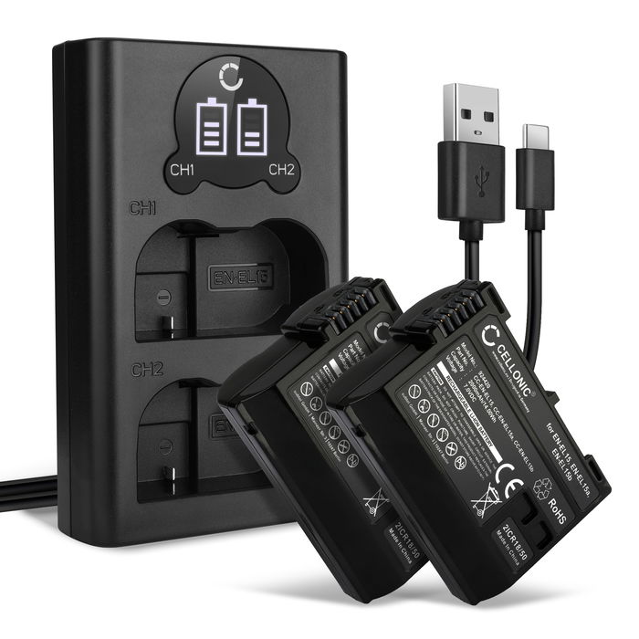 2x Camera Battery + Dual Charger for Nikon D850 Replacement EN-EL15b EN-EL15a EN-EL15 Battery 2000mAh