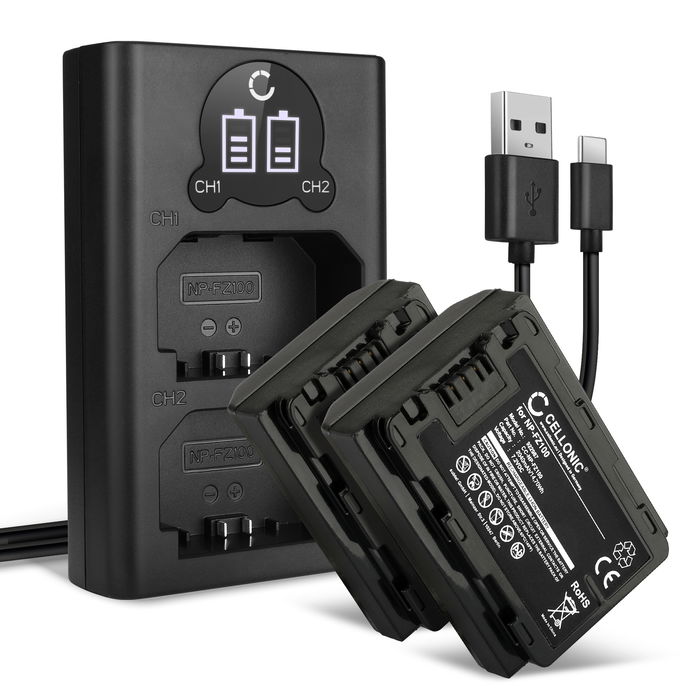 2x Kamera Akku für Sony A7 IV, A7C, A6700, A6600, A7S III, Alpha 1, A9, Alpha 7R III, 7R V - NP-FZ100 Ersatzakku 2040mAh + Dual Ladegerät BC-QZ1 Ladekabel, Batterie