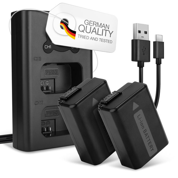 2x CELLONIC NP-FW50 Battery for Sony Alpha A7 II A7S A7R II, Alpha A6000 A6100 A6300 A6500, RX10 (I II III IV), A55, NEX-5 Sony Alpha 6400 Replacement Battery 1030mAh Backup + Dual Charger BC-VW1