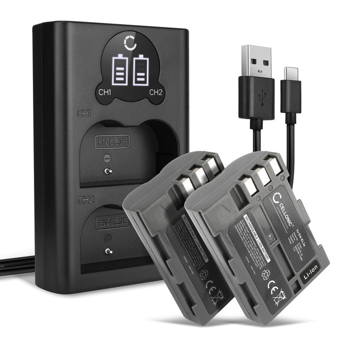 2x Kamera Akku für Nikon D90 D700 D300 D900 D100 D200 D300S D50 D70 D70s D80 - EN-EL3a EN-EL3e EN-EL3 Ersatzakku 2000mAh + Dual Ladegerät MH-18a Ladekabel, Batterie
