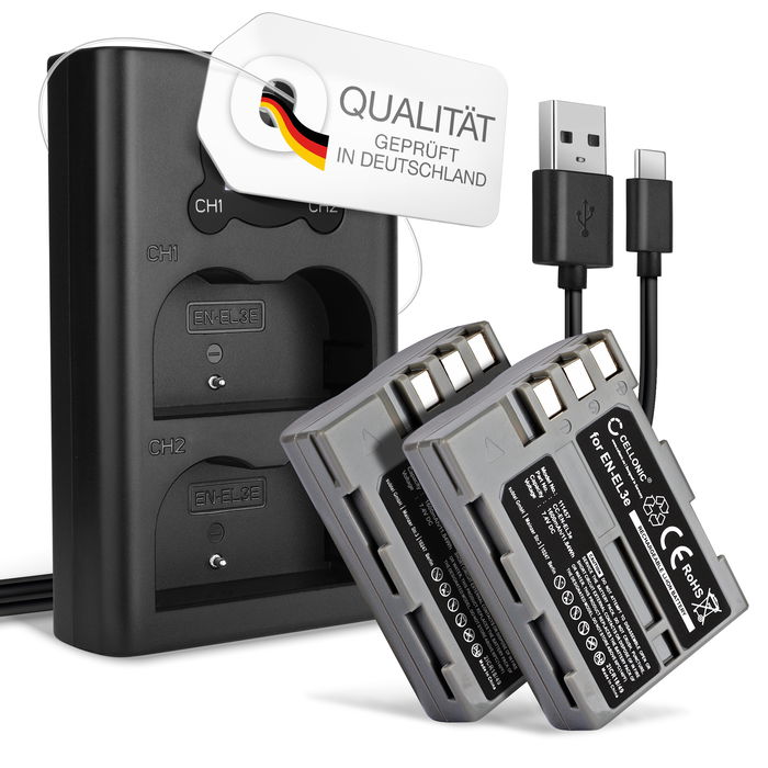 2x Kamera Akku für Nikon D700 D70s D80 D90 D900 D100 D200 D300 D300S D50 D70 - EN-EL3e EN-EL3a EN-EL3 Ersatzakku 1600mAh + Dual Ladegerät MH-18a Ladekabel, Batterie