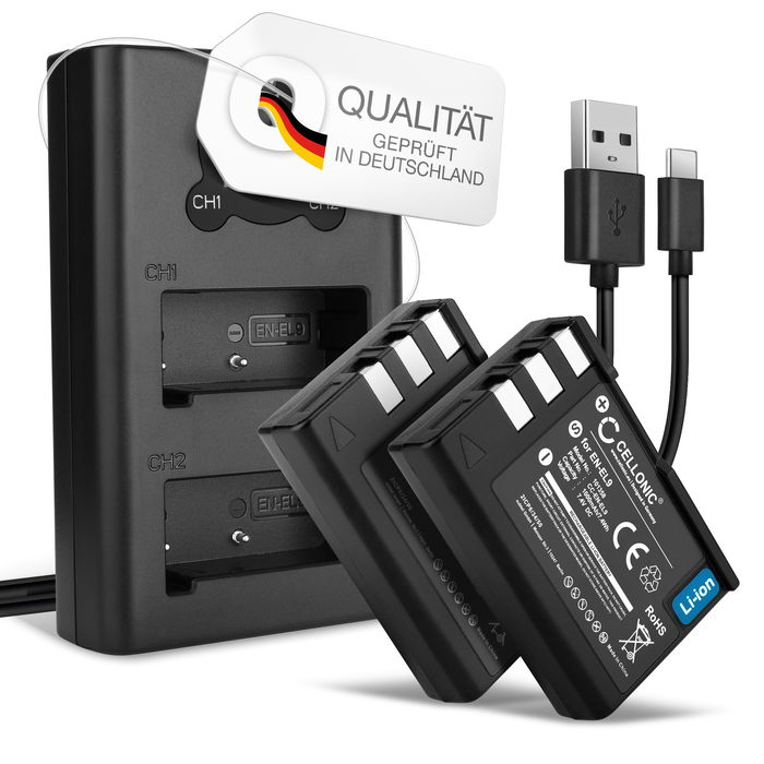 2x Kamera Akku für Nikon D3000 D40 D40x D5000 D60 - EN-EL9 Ersatzakku 1000mAh + Dual Ladegerät MH-23 - EN EL9 ENEL9 EN-EL9a EN-EL9e Ladekabel, Batterie