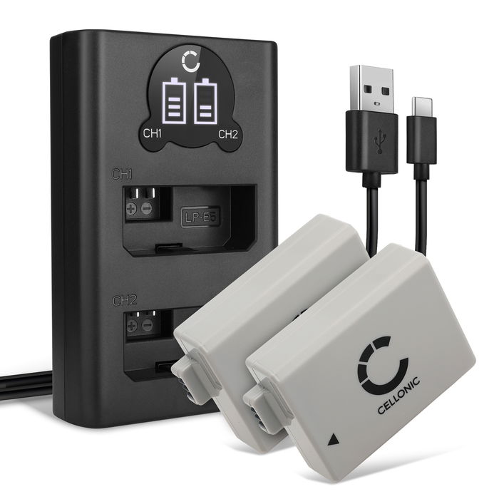 2x Kamera Akku für Canon EOS 1000D, EOS 450D, EOS 500D, EOS Rebel T1i, EOS Rebel XS, EOS Rebel Xsi - LP-E5 Ersatzakku 1020mAh + Dual Ladegerät LC-E5 CBC-E5 Ladekabel, Batterie