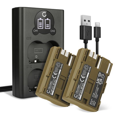 2x BP-508, BP-511a: Ersatz Akku für Canon EOS 5D 20D 30D 40D 50D 3000D, Powershot G5, FV100, MV430i MVx2i - CB-5L USB Doppelladegerät mit Display + 1600mAh Camcorder / Kamera Ersatzakku Batterie, Ladekabel