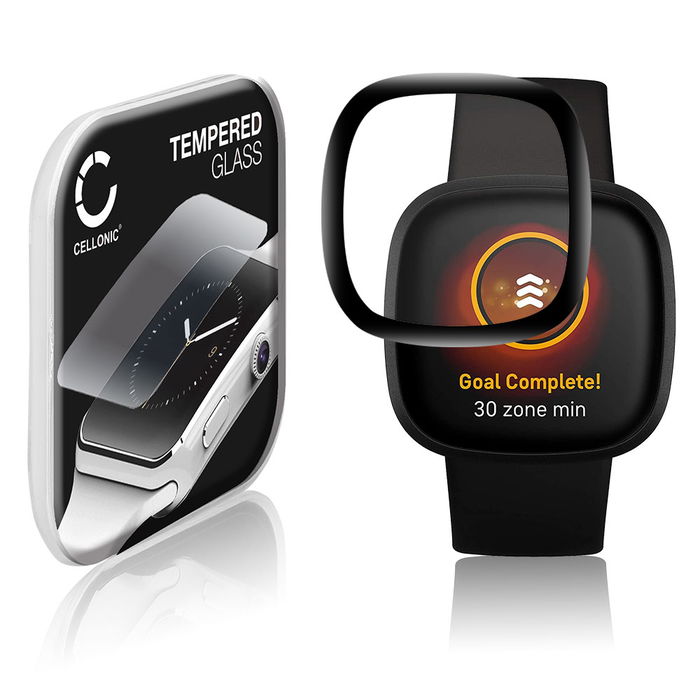 CELLONIC Display Schutzglas kompatibel mit FitBit Versa 3 / Sense Smartwatch / Fitness Tracker - 3D Full Cover 9H 0,30mm Full Glue - Smartwatchglas Schutzfolie schwarz Displayschutz Glas Folie Screen Protector Glass
