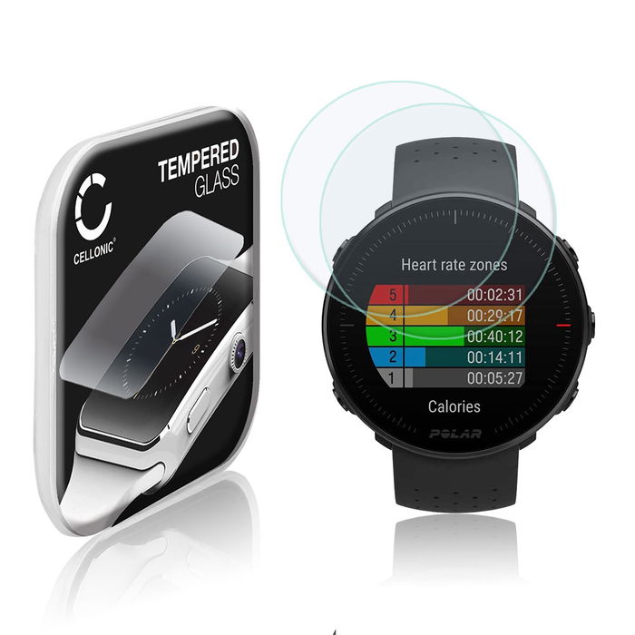 2x CELLONIC Display Schutzglas kompatibel mit Polar Vantage M Smartwatch / Fitness Tracker - 2.5D 9H 0,33mm Full Glue - Smartwatchglas Schutzfolie schwarz Displayschutz Glas Folie Screen Protector Glass