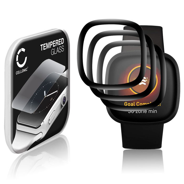 3x CELLONIC Display Schutzglas kompatibel mit FitBit Versa 3 / Sense Smartwatch / Fitness Tracker - 3D Full Cover 9H 0,30mm Full Glue - Smartwatchglas Schutzfolie schwarz Displayschutz Glas Folie Screen Protector Glass