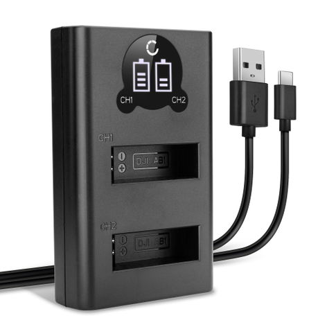 USB Dual Battery Charger for DJI Osmo Action 1; CP.OS.00000020.01 – charges 2x AB1, P01, PT1 batteries, 4.35W, 1m + USB Cable from CELLONIC