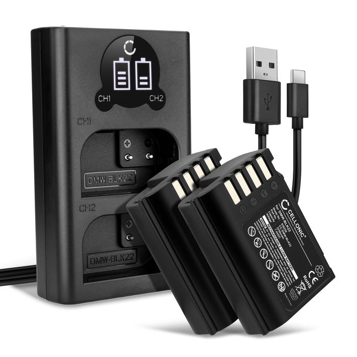 2x Panasonic Lumix DC-GH6 Akku + Dual Ladegerät 2250mAh Ersatzakku Batterie von CELLONIC