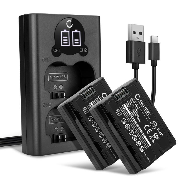 2x Kamera Akku für FujiFilm GFX100S, GFX 50S II, XT4, NPW235 - NP W235 Ersatzakku 2250mAh + Dual Ladegerät NP W235 Ladekabel, Batterie