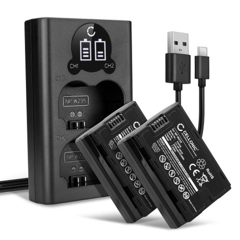 2x Battery for FujiFilm GFX100S; GFX 50S II; Fuji FujiFilm X-T4 NP W235 (2250mAh, 7.2V) + Dual Charger from CELLONIC