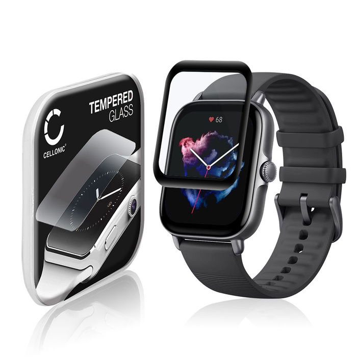 CELLONIC Display Schutzglas kompatibel mit Amazfit GTS 3 Smartwatch / Fitness Tracker - 3D Full Cover 9H 0,33mm Full Glue - Smartwatchglas Schutzfolie schwarz Displayschutz Glas Folie Screen Protector Glass