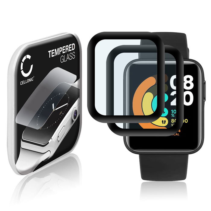 2x CELLONIC Screen Protector for Xiaomi Mi Watch Lite Fitness Tracker Smart Watch Face Protector - 3D Full Cover 0,33mm Full Glue 9H Tempered Glass Display Cover Crystal Clear