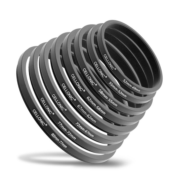 CELLONIC 8-Piece Step Down Ring Set – Lens Filter & Hood Stepping Down Adapter Ring Mount Adapter Kit 52-49mm, 55-52mm, 58-55mm, 62-58mm, 67-62mm, 72-67mm, 77-72mm, 82-77mm