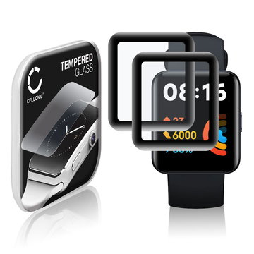 2x CELLONIC Screen Protector for Xiaomi Redmi Watch 2 Lite Fitness Tracker Smart Watch Face Protector - 3D Full Cover 0,33mm Full Glue 9H Tempered Glass Display Cover Black