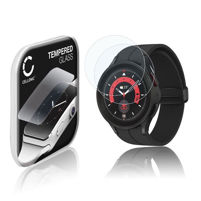 2x CELLONIC Display Schutzglas kompatibel mit Samsung Galaxy Watch 5 Pro Smartwatch / Fitness Tracker - 2.5D 9H 0,30mm Full Glue - Smartwatchglas Schutzfolie Transparent Displayschutz Glas Folie Screen Protector Glass