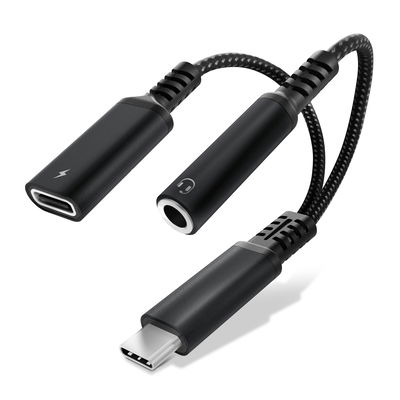 CELLONIC 2-in-1 Headphone Adapter - USB C to Headphone Jack 3.5mm Aux Splitter Audio and Charger 60W PD USB-C Fast Charging Cable For iPhone, Samsung, Phone, Headset, Earphones - Black