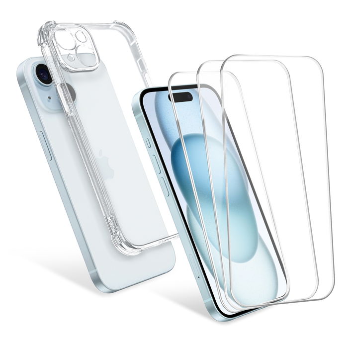 CELLONIC 1x iPhone 15 Plus Handyhülle & 3x Displayschutzfolie – 6,7 Zoll zum Schutz von Rückseite und Display, 0,33mm Ultradünnes 9H Hartglas – durchsichtige Handyhülle