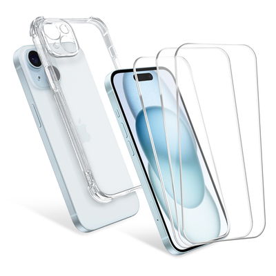 CELLONIC 1x iPhone 15 Plus Handyhülle & 3x Displayschutzfolie – 6,7 Zoll zum Schutz von Rückseite und Display, 0,33mm Ultradünnes 9H Hartglas – durchsichtige Handyhülle