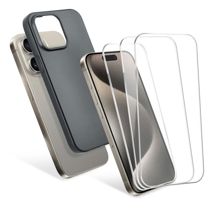 CELLONIC 1x iPhone 15 Pro Handyhülle & 3x Displayschutzfolie – 6,1 Zoll zum Schutz von Rückseite und Display, 0,33mm Ultradünnes 9H Hartglas – schwarze Handyhülle