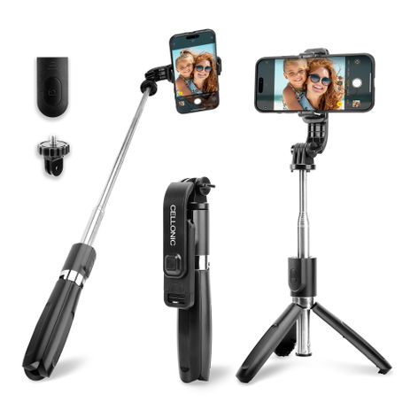 2-in-1 Selfie-Stick und Stativ – 1m langer ausziehbarer Selfie Stick & klappbares Dreibeinstativ mit Bluetooth Fernbedienung für Handy und Kamera – kompatibel mit iPhone, GoPro, Android & weiteren – Schwarz