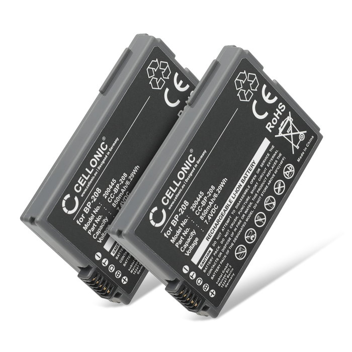 2x Battery for Canon DC100 DC20 DC10 DC40 DC95 DC19 DC201 MVX4i MVX460 DC21 DC220 MVX450 HR10 BP-208 BP-208DG (700mAh, 7.4V) from CELLONIC