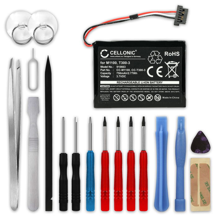 Akku für Mitac Mio Moov M400, Mio Moov M405, Mio N177, Mio Moov 500, M1100, 338937010172 750mAh + Werkzeug-Set 17tlg von subtel