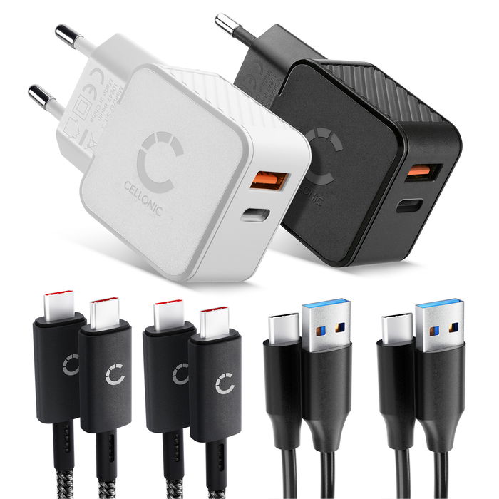 CELLONIC Travel Kit – 6-in-1 2x Dual 20W PD USB Fast Charger & 4x USB Cable Charging Set