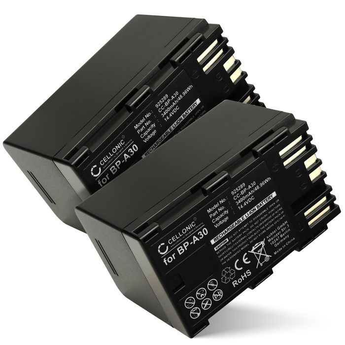 2x Akku für Canon XF605, EOS C300 Mark II, XF705, CA-CP200L, BP-A30, EOS C200B BP-A30 (3400mAh, 14.4V) von CELLONIC
