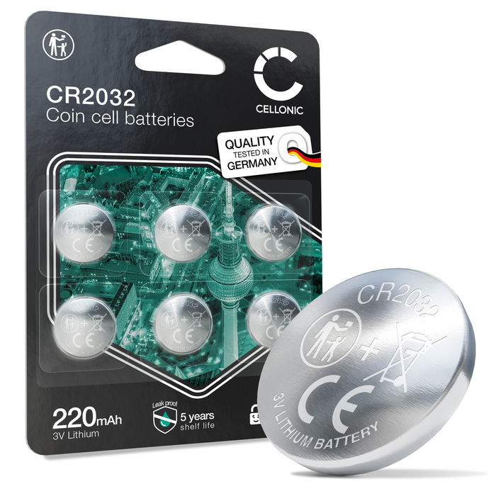 CELLONIC CR2032 Coin Cell Batteries (Lithium, 220mAh, 3V) for Car Key Fobs, Motherboards, Scales - x6-Pack 