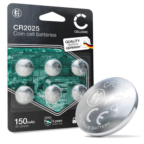 CELLONIC CR2025 Knopfzellen-Batterien (Lithium, 150 mAh, 3V) für Autoschlüssel, Garagentoröffner, Medizinische Geräte – x6-Pack