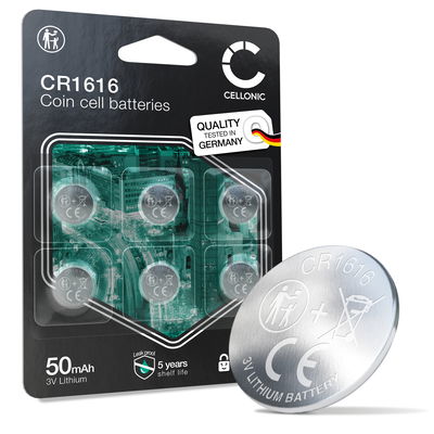 CELLONIC CR1616 Knopfzellen-Batterien (Lithium, 50mAh, 3V) für Autoschlüssel, Uhren, Sensoren – x6-Pack