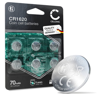 CELLONIC CR1620 Knopfzellen-Batterien (Lithium, 70mAh, 3V) für Autoschlüssel, Uhren, Blutzuckermessgeräte – x6-Pack