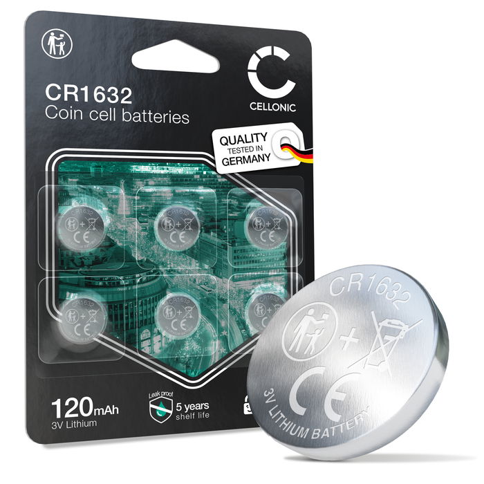 CELLONIC CR1632 Knopfzellen-Batterien (Lithium, 120mAh, 3V) für Autoschlüssel, LED-Geräte, Fahrradcomputer – x6-Pack
