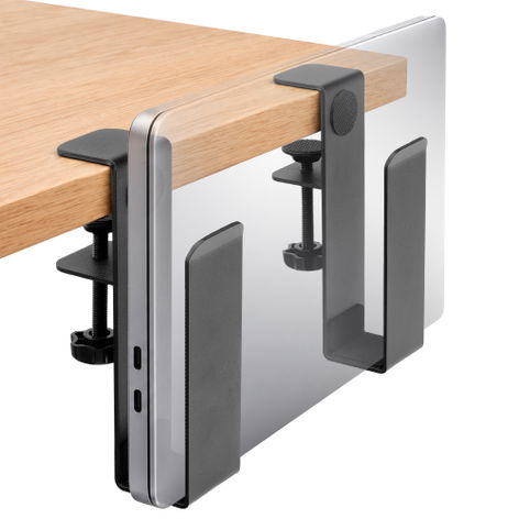 CELLONIC Laptop-Ständer vertikal, seitliche Laptop-Halterung für den Schreibtisch mit Klemme, 2 separate Halter aus schwarzem Stahl, ohne Bohren, mit Schutzpolstern, für Laptops und Tablets