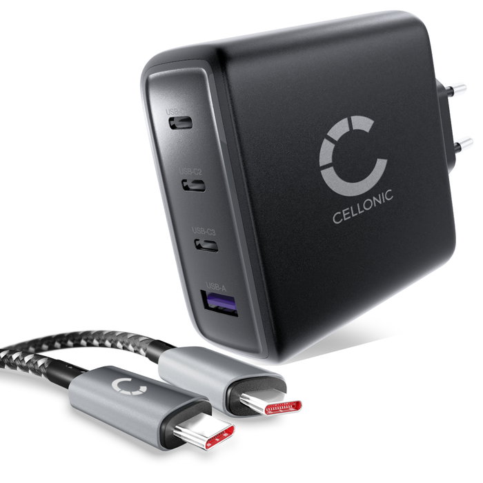 CELLONIC 140W GaN Schnellladegerät – 4-Port USB Netzteil (3x USB-C, 1x USB-A) mit Power Delivery, kompatibel mit MacBook, iPad, iPhone, Samsung Galaxy, Laptop & mehr – kompakt & reisefreundlich